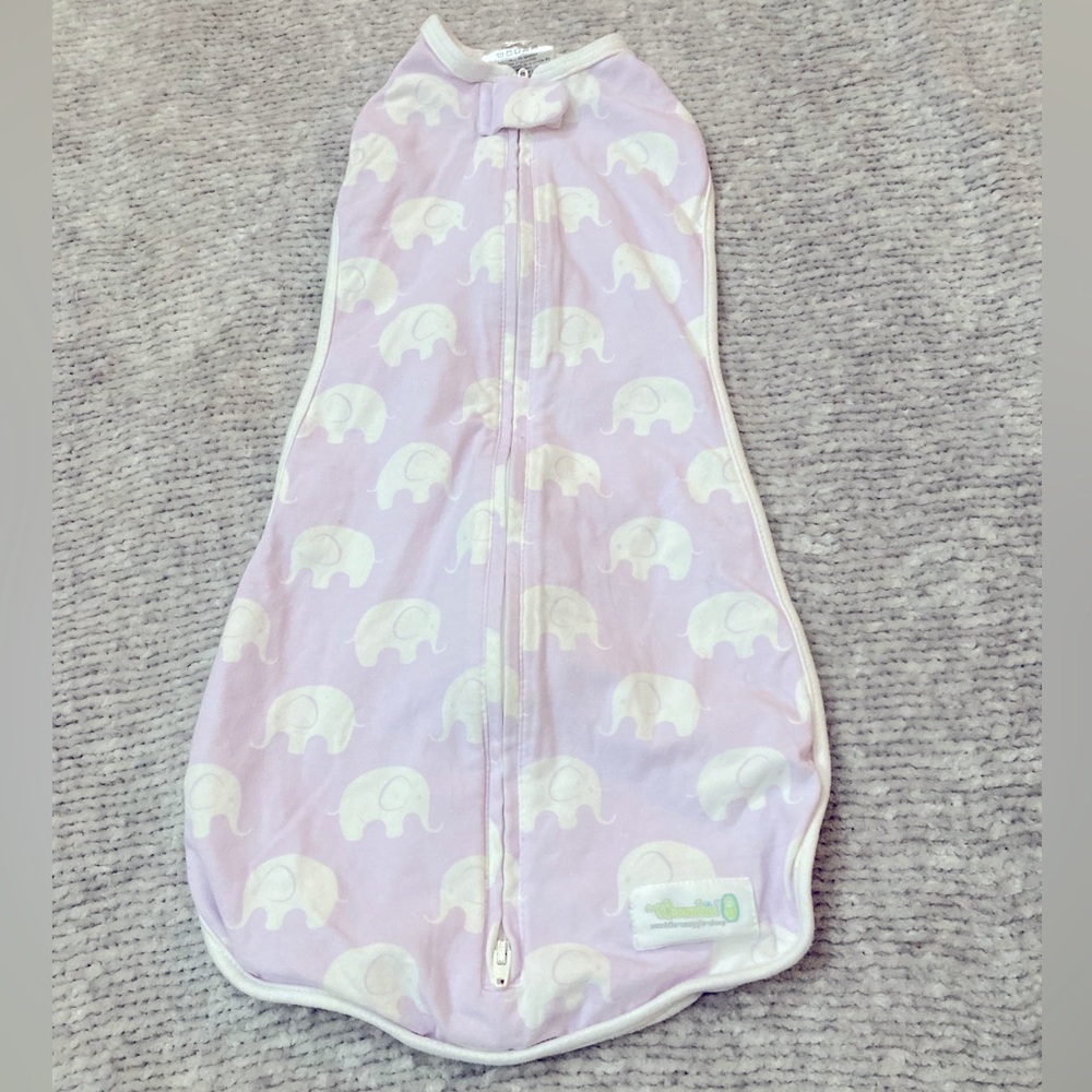 Woombie Original Baby‎ Swaddle 0-3M Purple Elephant Zip Sleep Sack